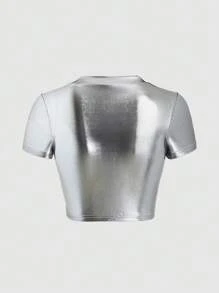 EgrlEra Áo thun ngắn tay ánh kim phong cách Y2K - Bạc - Xem 2