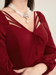 Modelyn Vestido de color rojo Burdeos de un solo color con diseño calado y cordones para damas - Burdeos - Ver 6