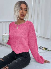 SHEIN Essnce Của phụ nữ Thả vai Tay áo dài Giải trí Áo len Áo chui đầu - Màu Hồng Tươi - Xem 5