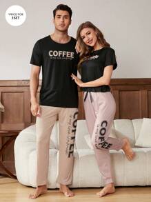 English Print Men's Short Sleeve And Long Pants Set - Black - View 1