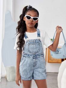 SHEIN Tween Girls' Stretch-Free Casual Denim Romper