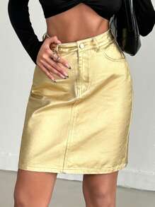 SHEIN Cottnline Women's Short Metallic Fabric Denim Skirt - Gold - View 1