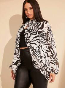 Hauture Plus Zebra Print Lantern Sleeve Top - Multicolor - View 5