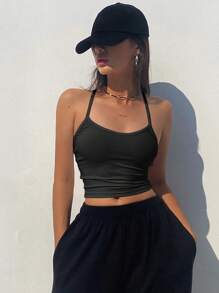 Dazy Star Top corto de color liso con cuello halter, top halter para salir - Negro - Ver 5