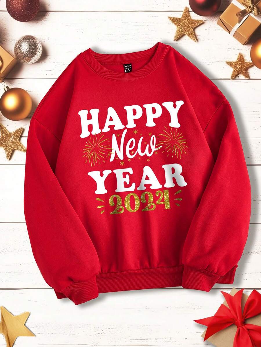 SHEIN LUNE 女款加大碼新年標語印花圓領羊毛衫 - 紅色 - 查看 1