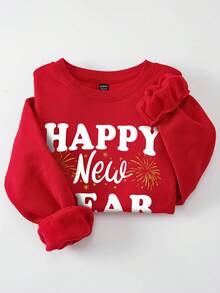 SHEIN LUNE 女款加大碼新年標語印花圓領羊毛衫 - 紅色 - 查看 2