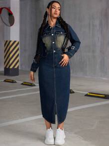 SHEIN ICON 復古褪色長袖牛仔裙 - 深色水洗藍 - 查看 3