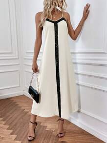 SHEIN Clasi Women's Sequin Patchwork Spaghetti Strap Dress - Apricot - View 5