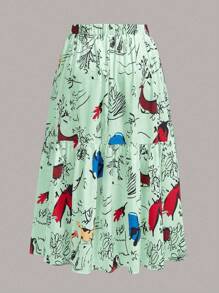 Flirla Women'S Plus Size Printed Elastic Waist Ruffled Hem Skirt - Olive Green - View 2