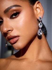 SHEIN SXY 1對水滴形歐美復古奢華寶石耳環 - 無色 - 查看 4