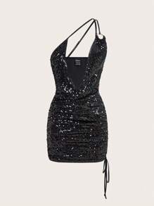 SHEIN ICON Ladies' One Shoulder Hollow Out Sequined Dress - Black - View 1