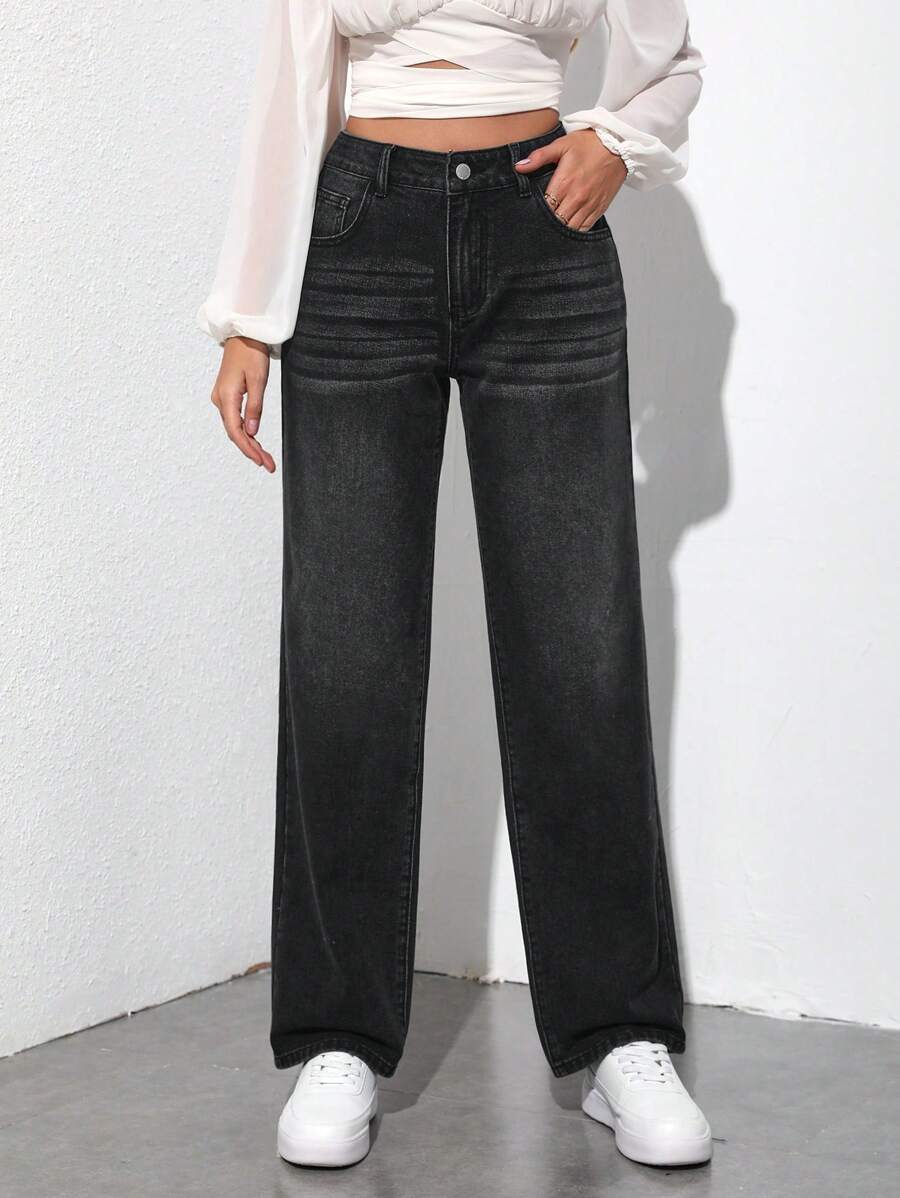 SHEIN Tall Women's Straight-Leg Jeans - Black - View 1