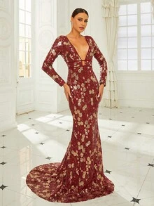 Vestido De Noche Formal Para Fiesta De Noche Para Mujer Con Lentejuelas De Patrón Floral En Escote En V Profundo - Burdeos - Ver 5