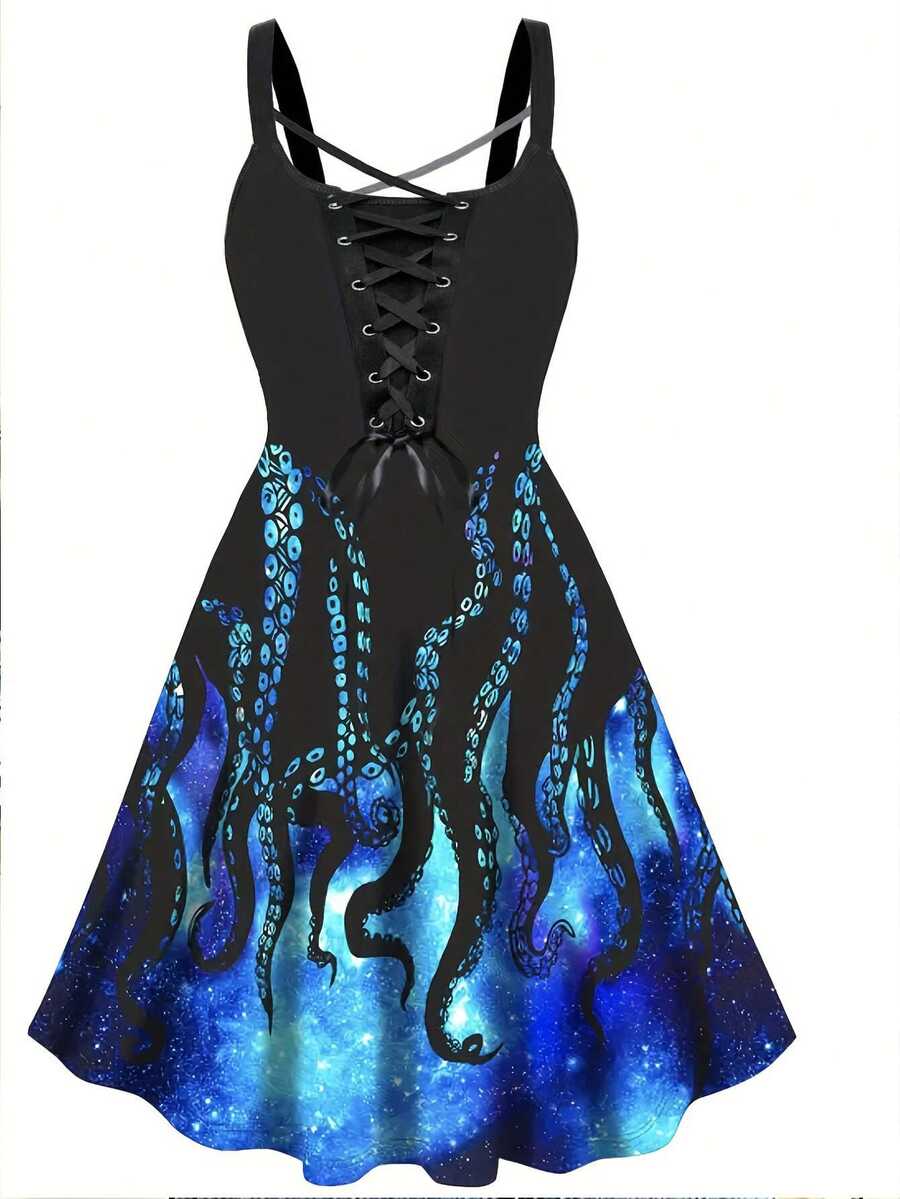 章魚印花繫帶高腰 A 字連身裙 - 黑色 - 查看 1