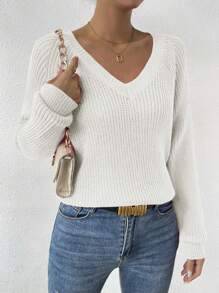 EMERY ROSE Áo len dệt kim tay raglan trơn, áo len dài tay kiểu chui đầu mùa thu đông. - trắng - Xem 5