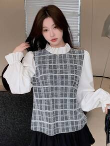 DAZY Của phụ nữ Kẻ sọc Tay áo xù Áo sơ mi - Xám - Xem 4