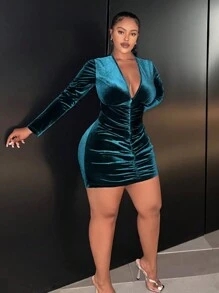 Slaydiva Kích thước lớn Của phụ nữ Cổ chữ V sâu Xếp li Đầm - màu xanh lá - Xem 4