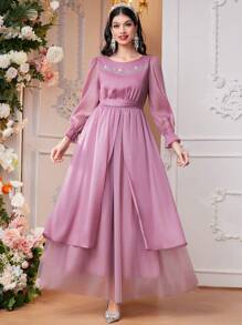 Modelyn 女士水钻装饰腰带长袖连衣裙长款晚礼服