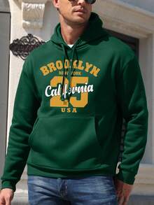 Men'S Hooded Sweatshirt With Kangaroo Pocket And Letter Print Design - Green - View 5