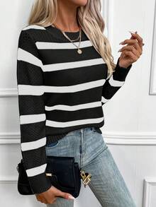 SHEIN LUNE Của phụ nữ Sọc Khối màu Áo len - Đen và trắng - Xem 6