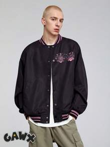 GAWX Hombres Cazadora tipo bomber con estampado de letra y dibujos animados ribete de rayas de hombros caídos - Negro - Ver 1