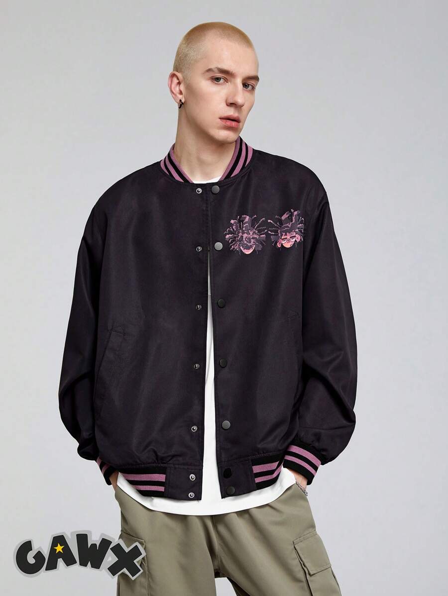 GAWX Hombres Cazadora tipo bomber con estampado de letra y dibujos animados ribete de rayas de hombros caídos - Negro - Ver 1