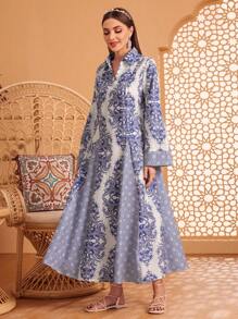 Al Najma 全印花长袖阿拉伯喇叭裙，端庄大方 - 彩色 - 查看 6