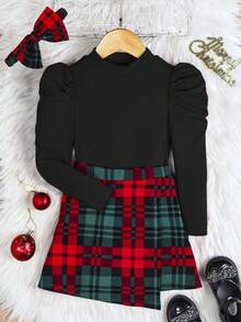 SHEIN 女孩聖誕派對長袖格紋裙連髮箍 - 黑色 - 查看 5