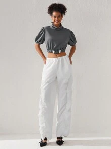 Brittney Do Designer Women's Solid Color High Collar Puff Sleeve Cropped Sweatshirt With Elastic Hem, For Summer, Holiday, Winter, Vacation - Grey - View 5