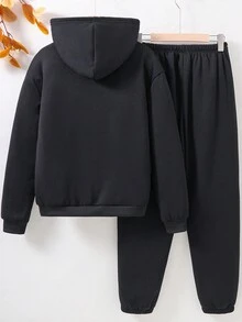 SHEIN 青少年男孩字母印花連帽衫和運動褲兩件套 - 黑色 - 查看 2