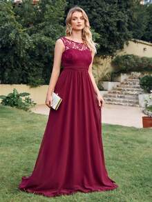 無袖腰部修身連身裙 - 酒紅色 - 查看 6