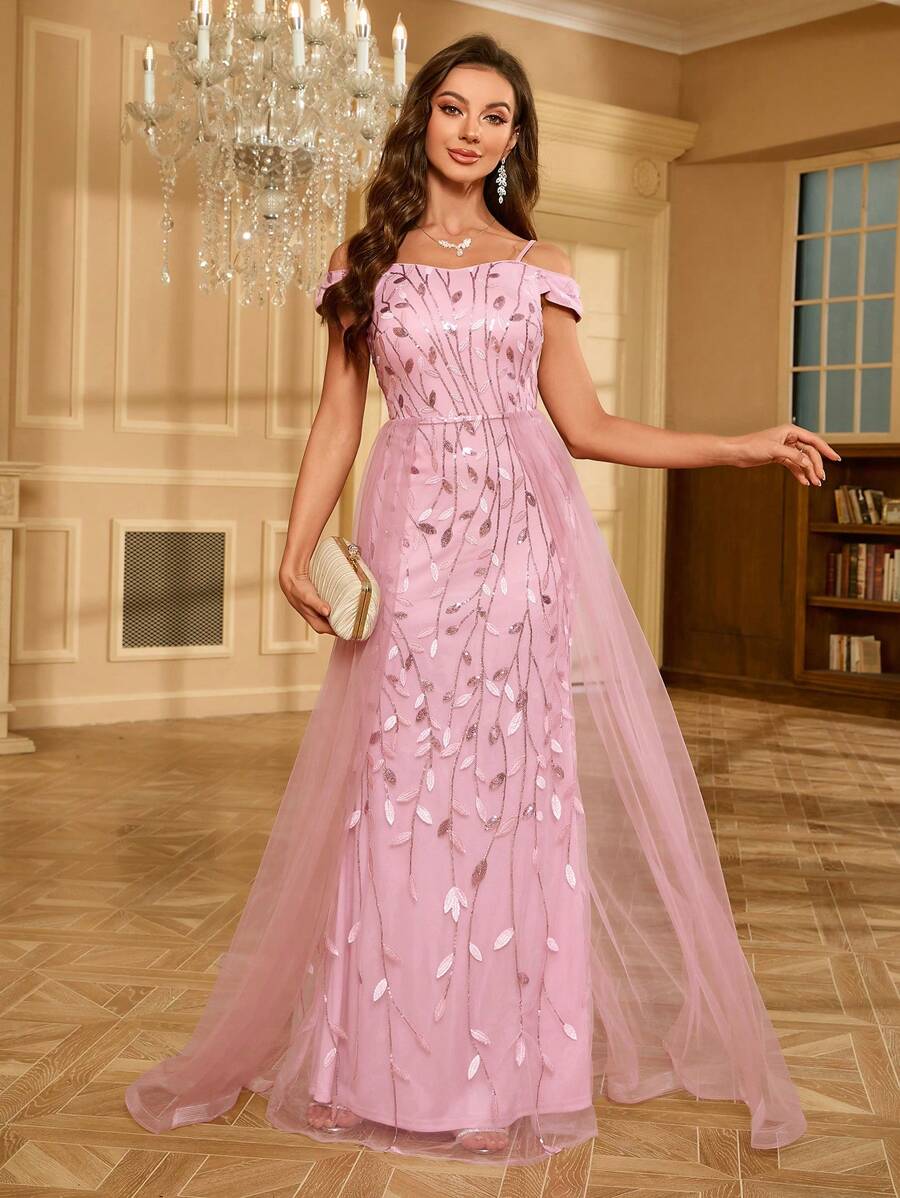 Glitter Mesh Splicing Formal Evening Gown - Pink - View 1