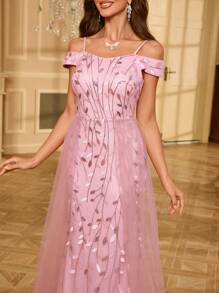 Glitter Mesh Splicing Formal Evening Gown - Pink - View 5