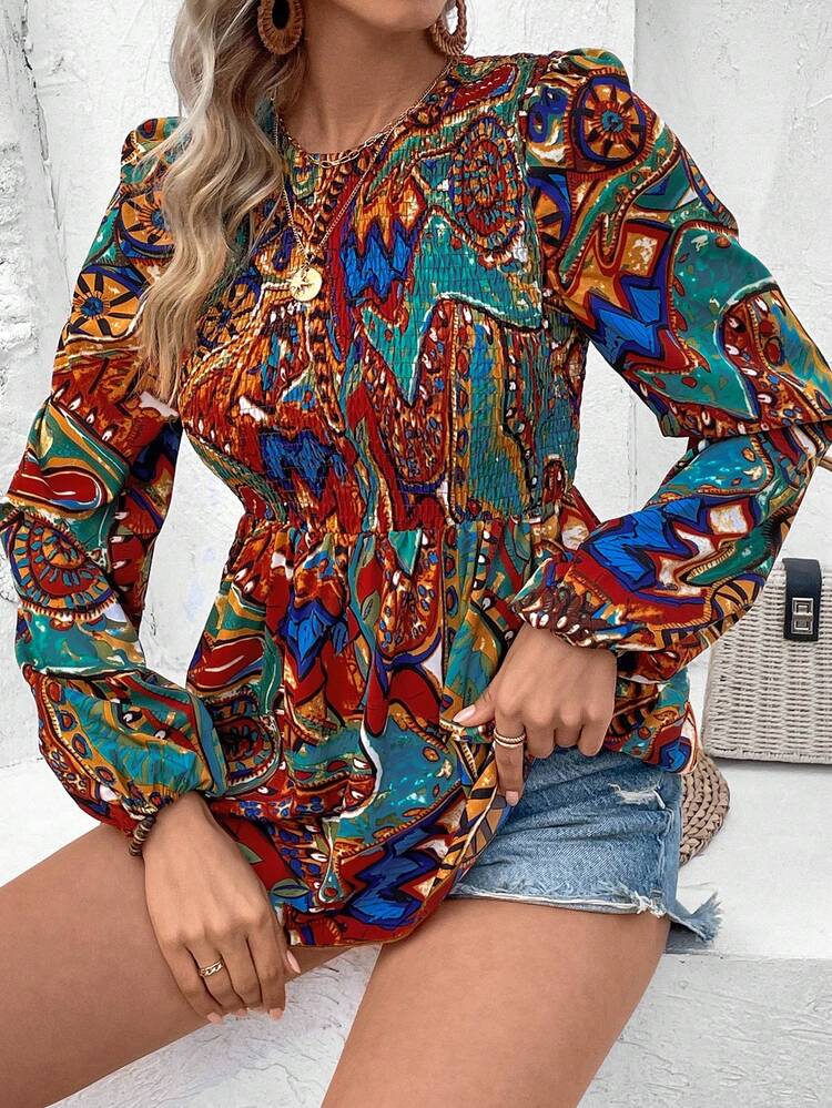 Women'S Printed Shirred Blouse With Ruffle Hemline