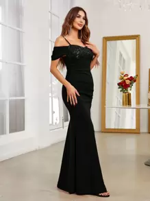 SHEIN Belle Women's Off Shoulder Mermaid Hem Party Dress (Heavy Industry Style) Black Elegant Formal Evening Prom Wedding Guest Gown, For Graduation, Dinner - Black - View 4