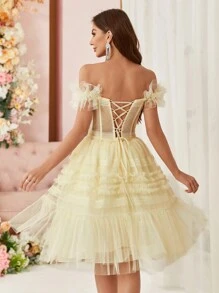 SHEIN Belle Off The Shoulder Back-Tied Cocktail Party Dress Vintage - Yellow - View 3