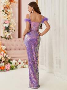 SHEIN Belle Side High Slit, Geometric Sequin Embellished Women's Evening Gown (Deluxe)