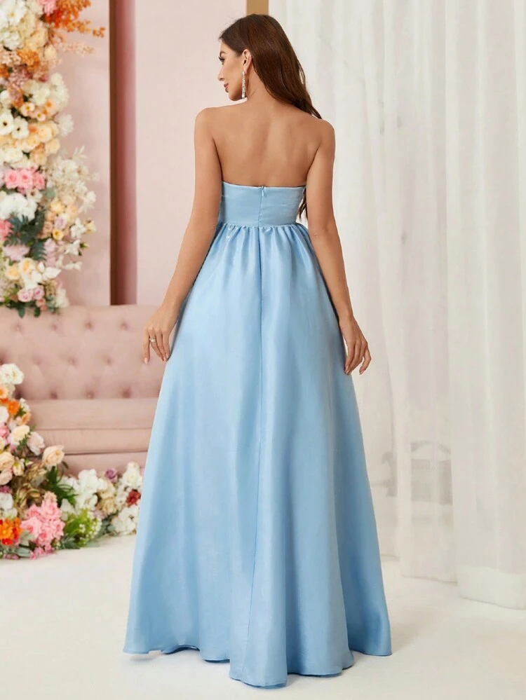 Women'S Evening Dress With Bow Knot On The Front Made Of Heavyweight Sequined Satin, Featuring 3d Flowers Embroidery And Glittering Surface