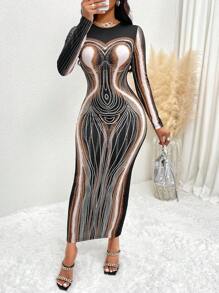 SHEIN Slayr 女士連身印花修身包臀裙 - 黑與白 - 查看 3