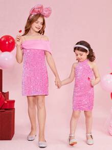 SHEIN Girls' Beaded Spaghetti Strap Elegant Dress, Sibling Outfits Matching Outfits (2 Pieces Are Sold Separately) - Pink - View 3