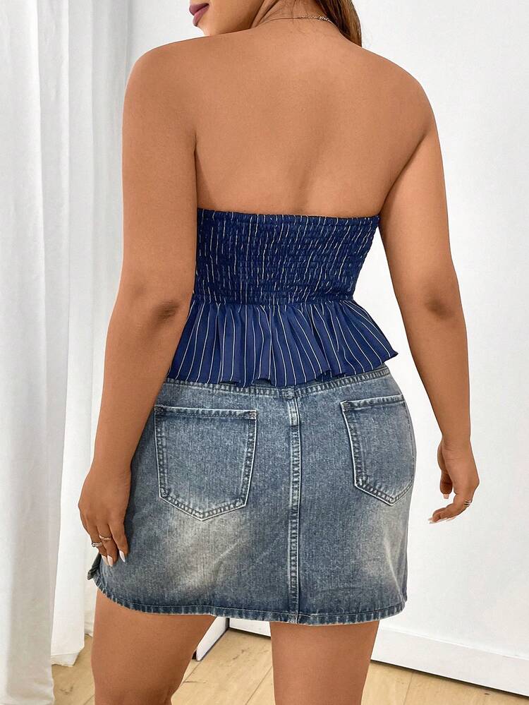 Plus Size Striped Zipper Up Bandeau Top