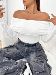 Flirla Plus Size Women's Solid Color Off Shoulder Top - White - View 3