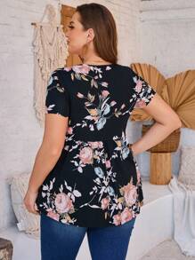 EMERY ROSE 大碼花卉印花v領波浪邊t恤 - 黑色 - 查看 2