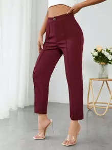 SHEIN PETITE 純色高腰長褲 - 酒紅色 - 查看 3