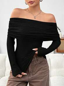 SHEIN EZwear Ladies' Solid Color Asymmetrical Off Shoulder T-Shirt - Black - View 4