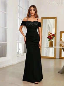 SHEIN Belle Women's Off Shoulder Mermaid Hem Party Dress (Heavy Industry Style) Black Elegant Formal Evening Prom Wedding Guest Gown, For Graduation, Dinner - Black - View 1