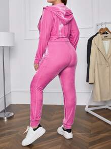 SHEIN Essnce Plus Size Women's Velvet Hooded Jacket And Pants Set With Kangaroo Pocket And Zipper - Pink - View 2