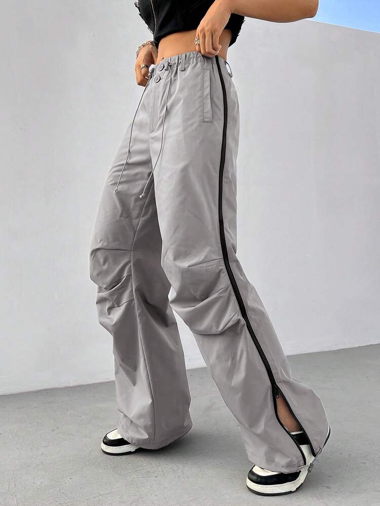 Pleated Elastic Waist Pants With Side Zipper And Drawstring