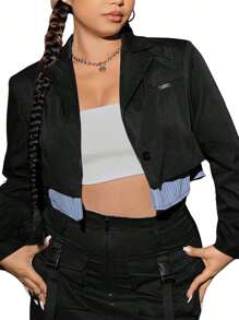 SHEIN EZwear Ladies Plus Size Color Block Short Blazer - Navy Blue - View 1