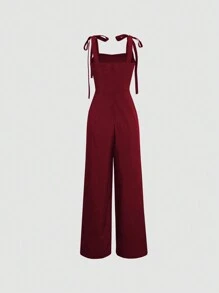 Sweetra Solid Color Tie Shoulder Wide Leg Jumpsuit For New Year Clothes - Red - View 2